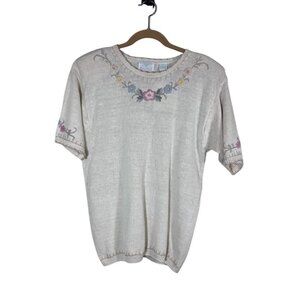 Vintage Knit Floral Sweater L Cream Embroidery Boho Retro Western Hippie Indie